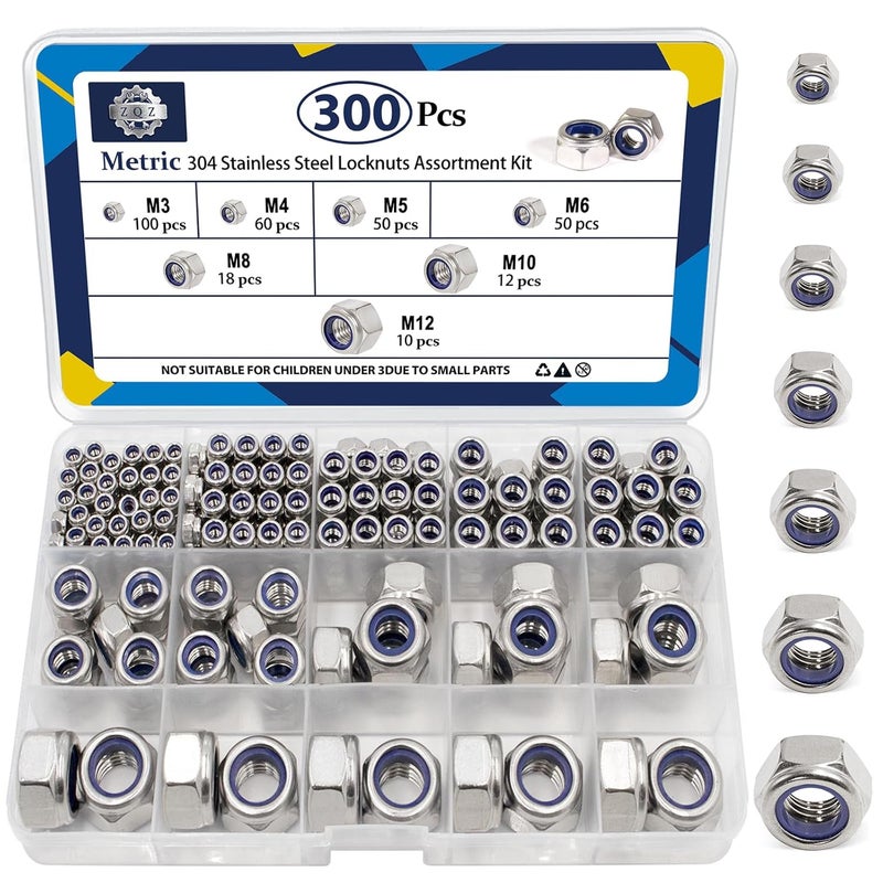 ZQZ 300 Pack Metric Nylon Insert Locknuts Assortment Kit,M3 M4 M5 M6 M8 M10 M12 Nylock Nuts Sets,304 Stainless Steel Standard Threaded Lock Nuts - Image 1